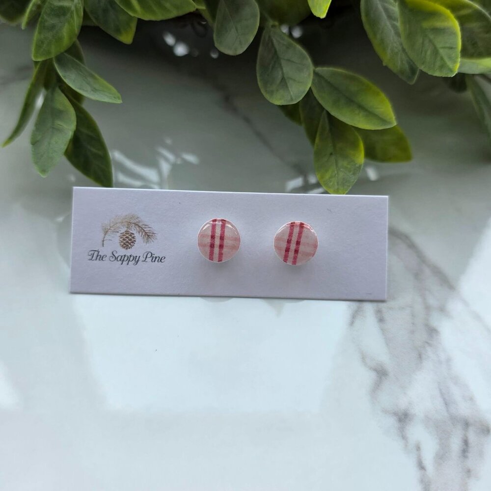 NEW Red Plaid Button Polymer Clay Stud Earrings